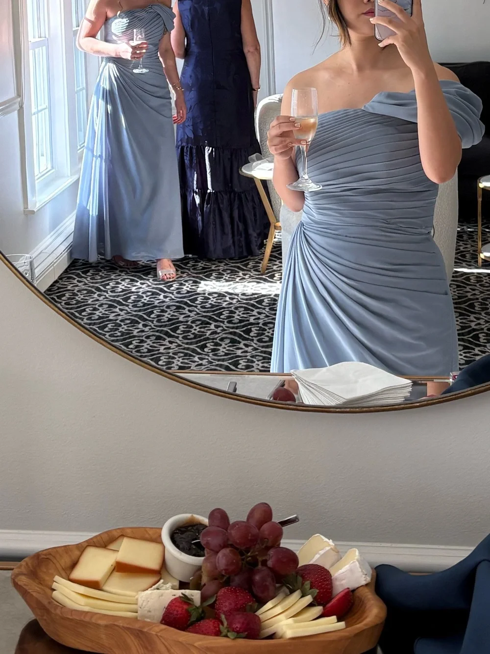 Brand Light Blue Off-Shoulder Draped Evening Gown (Bridesmaid)